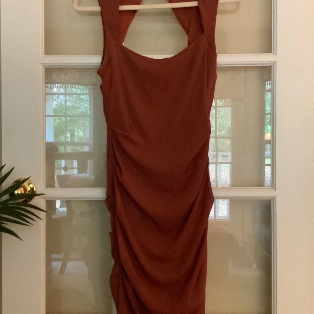 NWT Rust Colored backless Mini Dress Ruched seam dress size X Large